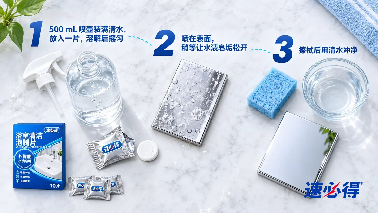示意图:速必得浴室清洁泡腾片——① 一只撕开的银色枕形小袋和一片取出的白色圆形泡腾片,旁边一只装满清水、无标签的透明空喷壶(喷头取下放在一旁;这只空喷壶是溶解片剂的容器