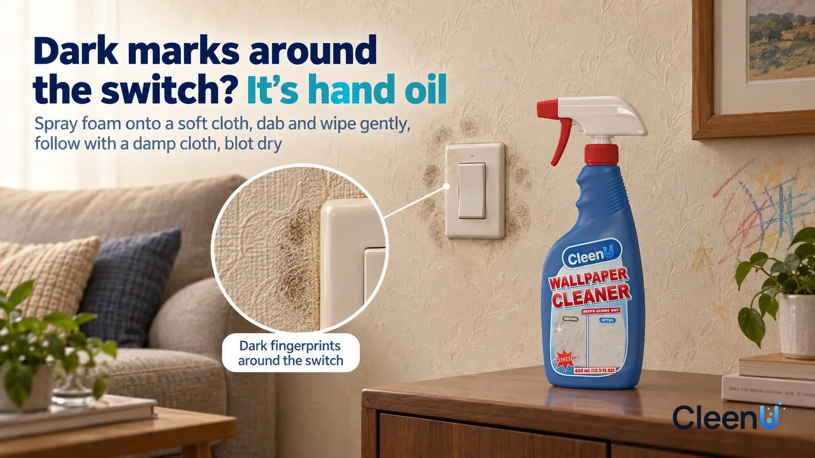 Illustration: CleenU Wallpaper Cleaner — A pale beige embossed vinyl wallpaper wall in an everyday living room; in raking light a ring of dark fingerprints around the light-switch p Headline: "Dark ma