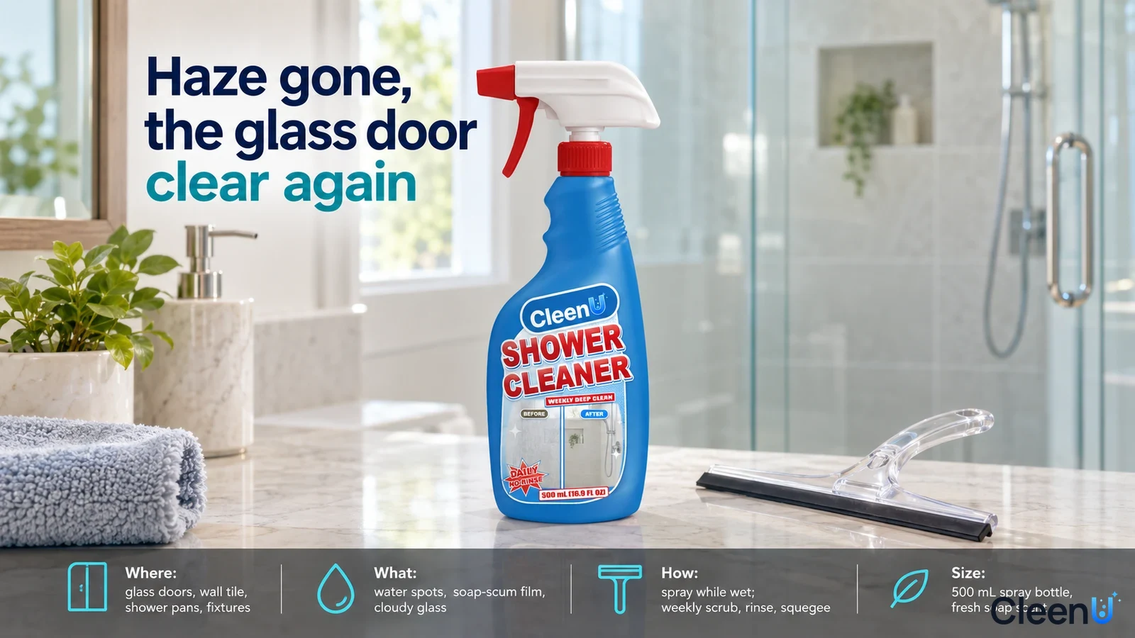 Illustration: A blue bottle, folded gray towel and squeegee on a counter beside a shower.