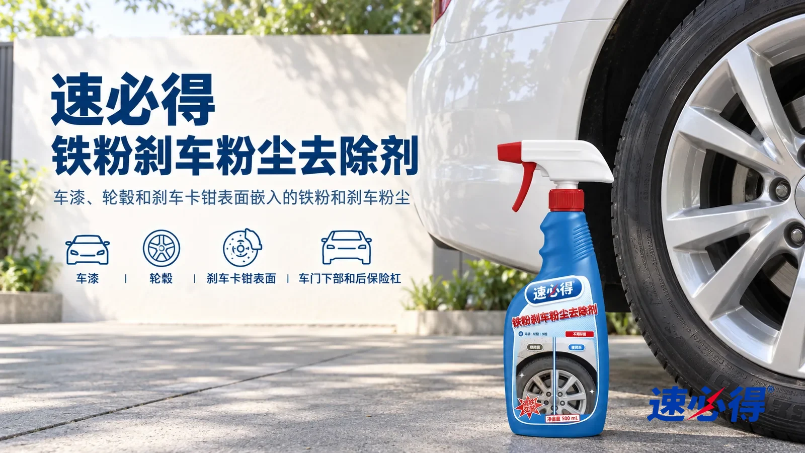 示意图：速必得铁粉刹车粉尘去除剂——家门口一个干净的车位，树荫下一辆白色轿车（无车标、无车牌），车漆洁白、银色轮毂干净光亮，产品站在右侧后轮旁地面上，标签正对镜头