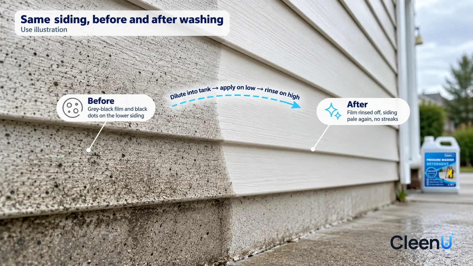 Illustration: CleenU Pressure Washer Detergent — A full-screen low-angle close-up of the lower half of pale vinyl siding in the same soft overcast side light
