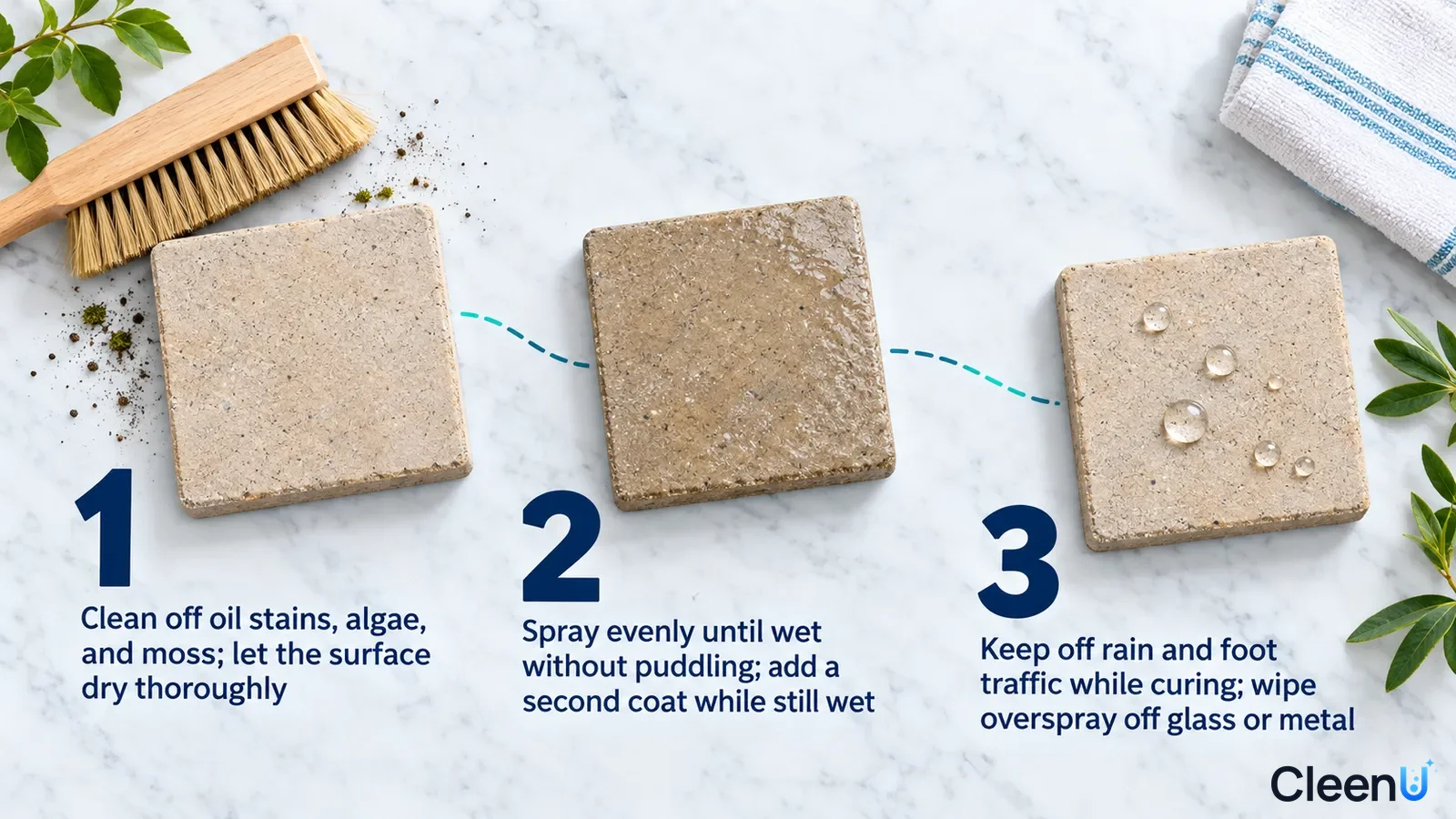 Illustration: A brush, light paver samples and surface water beads with numbered treatment steps.