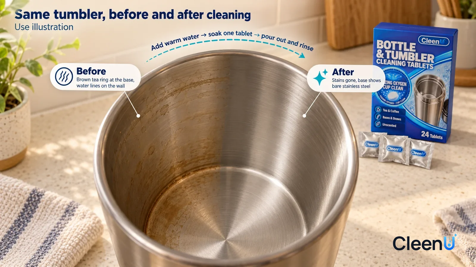 Illustration: CleenU Bottle & Tumbler Cleaning Tablets — A full-screen low-angle close-up looking down into a stainless-steel tumbler with no brand marks