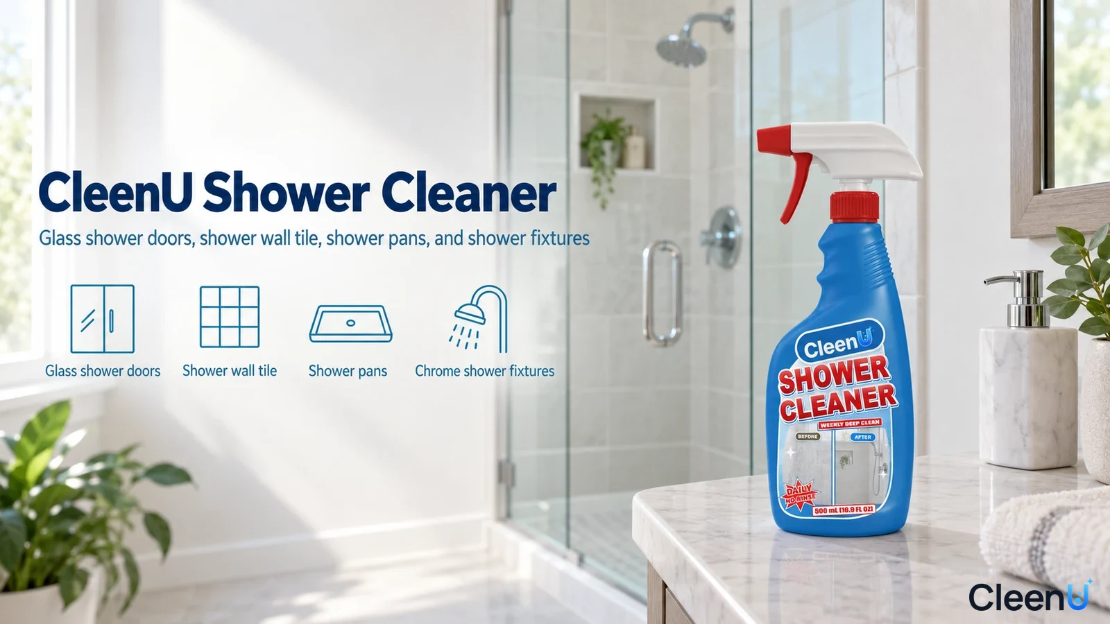 Illustration: A blue bottle beside a glass shower enclosure with use icons.
