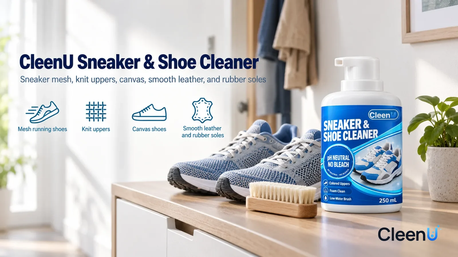 Illustration: CleenU Sneaker & Shoe Cleaner — A bright, clean entryway, a pair of clean, bright grey-blue knit running shoes (no brand marks) and a soft brush on top of the shoe cabinet