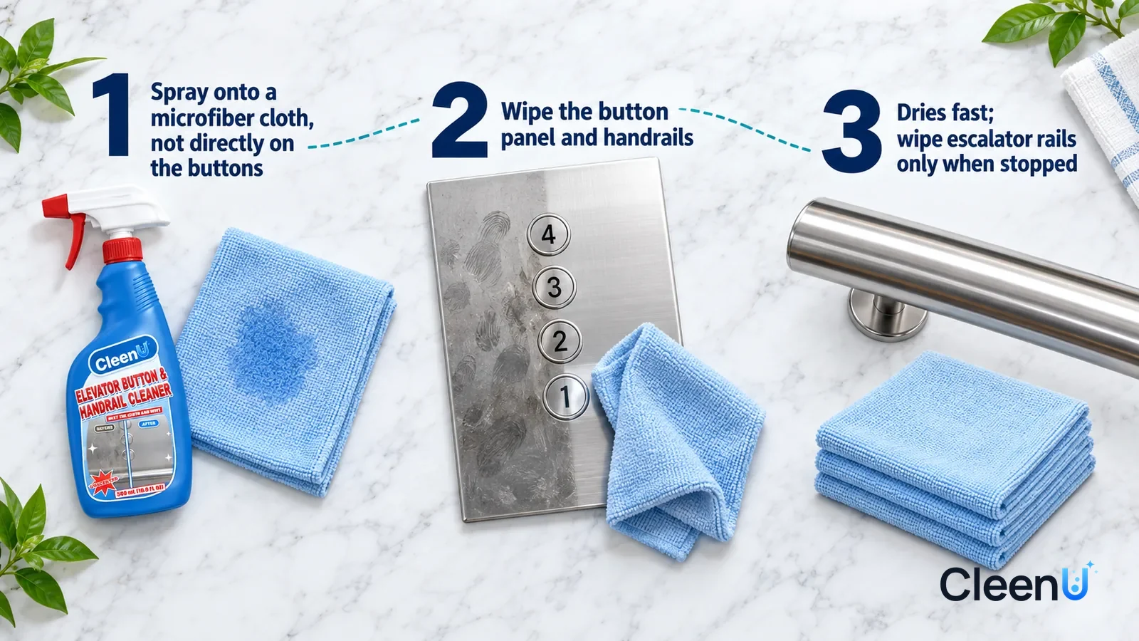 Illustration: CleenU Elevator Button & Handrail Cleaner — an overhead shot straight down onto a light marble tabletop, no hands: (1) a folded pale blue microfiber cloth