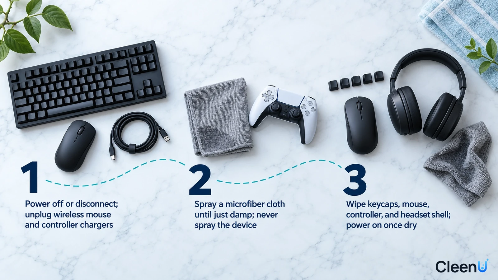 Illustration: A keyboard, mouse, controller, headphones and gray cloth with numbered cleaning steps.