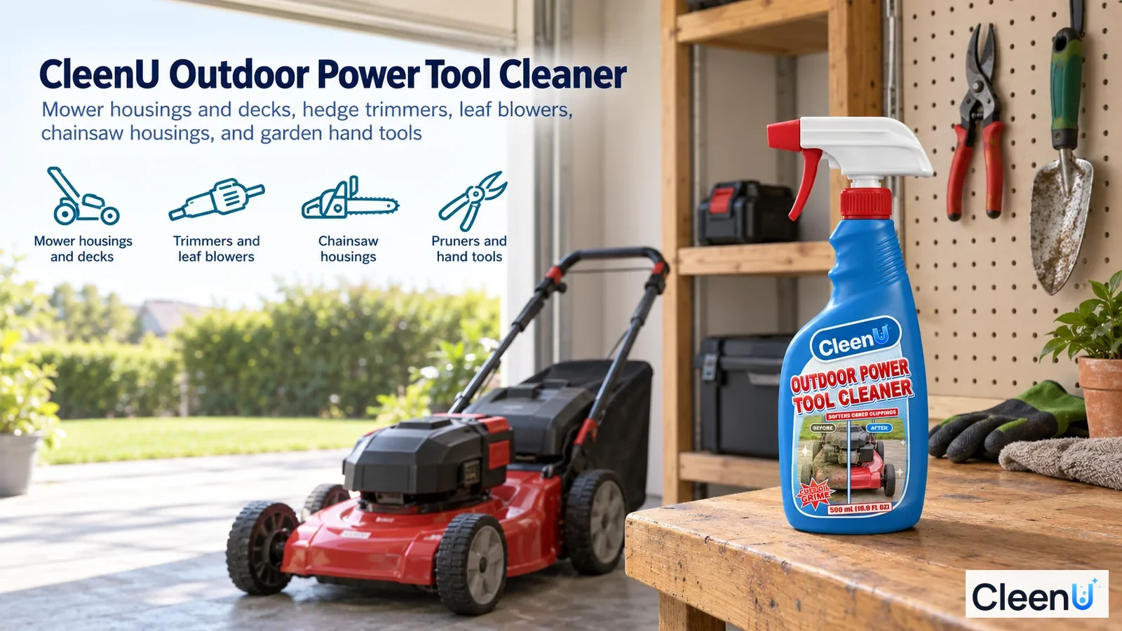 Illustration: A blue cleaner bottle on a garage workbench with a mower and tools behind it.
