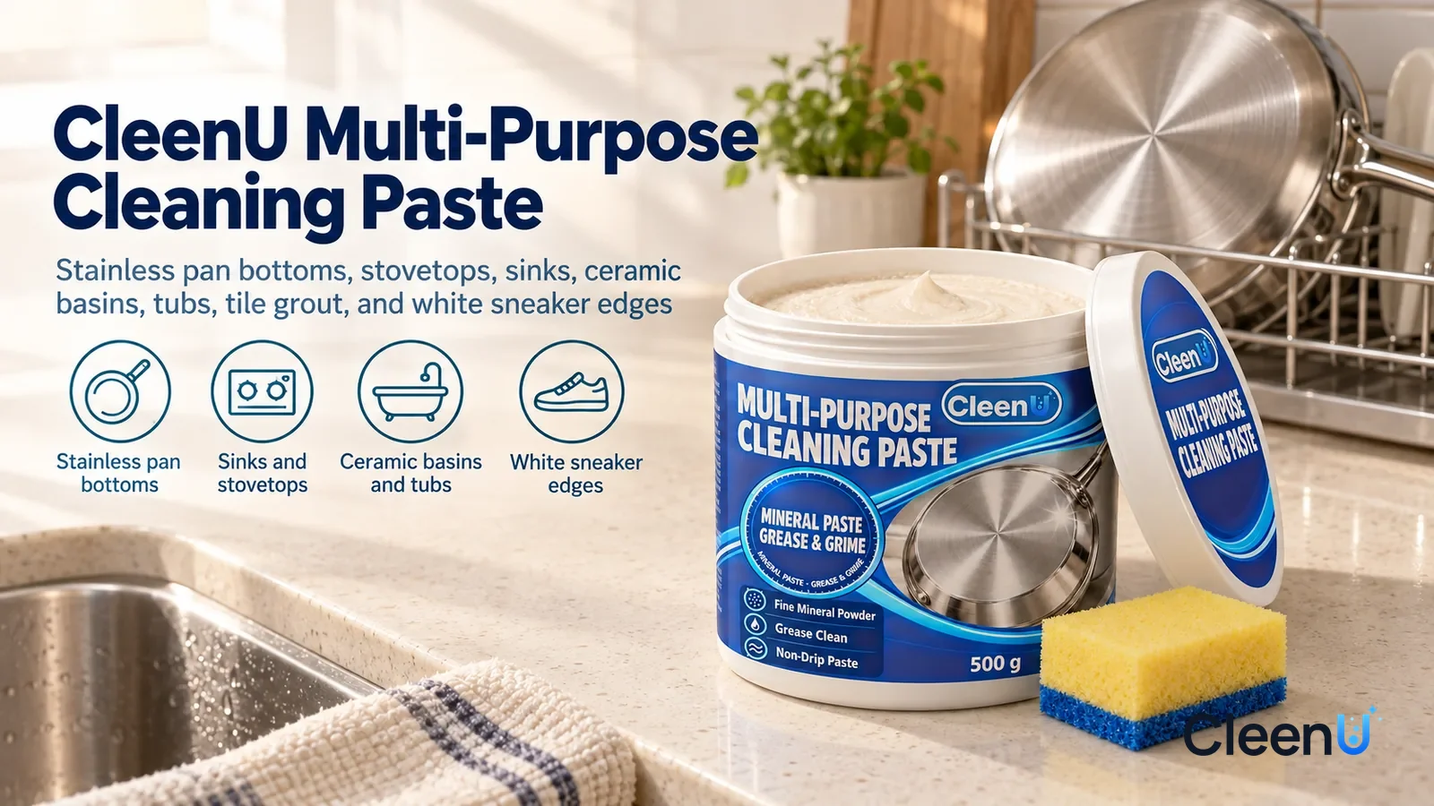 Illustration: CleenU Multi-Purpose Cleaning Paste — A bright, clean kitchen, a stainless pan (no brand marks) with a shining bottom on the dish rack beside the sink