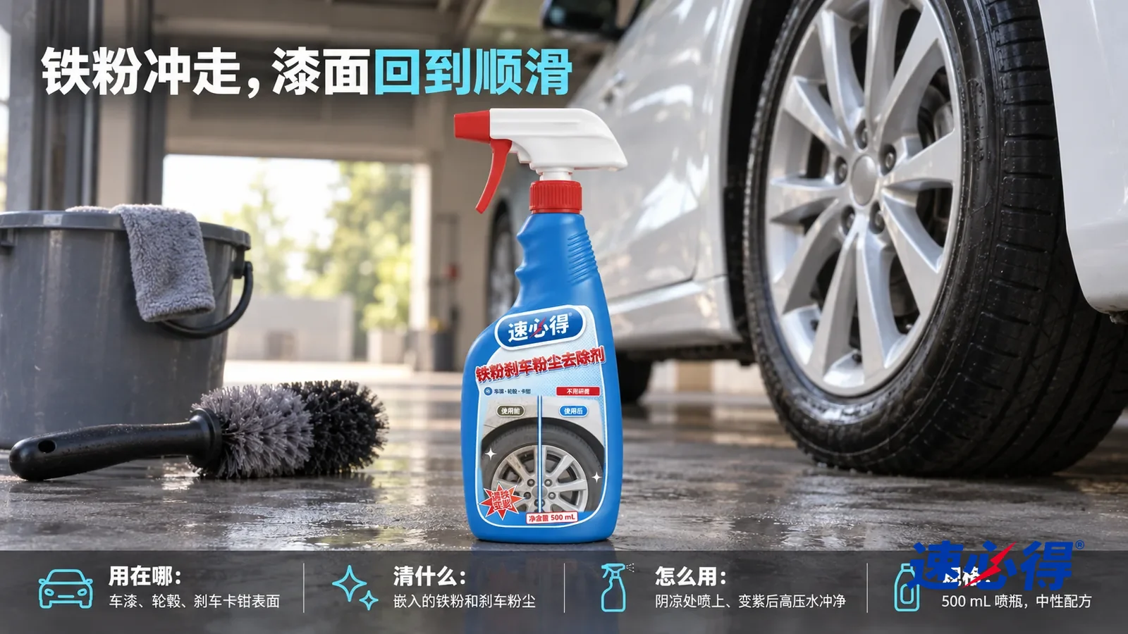 示意图：速必得铁粉刹车粉尘去除剂居中站在车库门口的地面上，旁边一把软毛轮毂刷，身后一辆白色轿车（无车标、无车牌）干净的银色轮毂向画面深处柔和虚化
