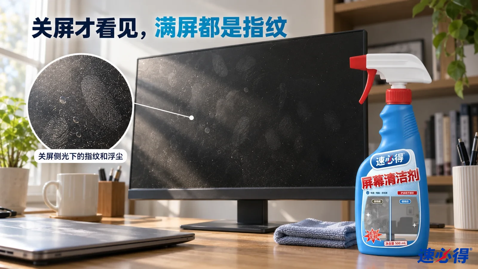 速必得屏幕清洁剂和清洁布放在带有指纹与浮尘的关屏显示器旁，AI 场景示意图。
