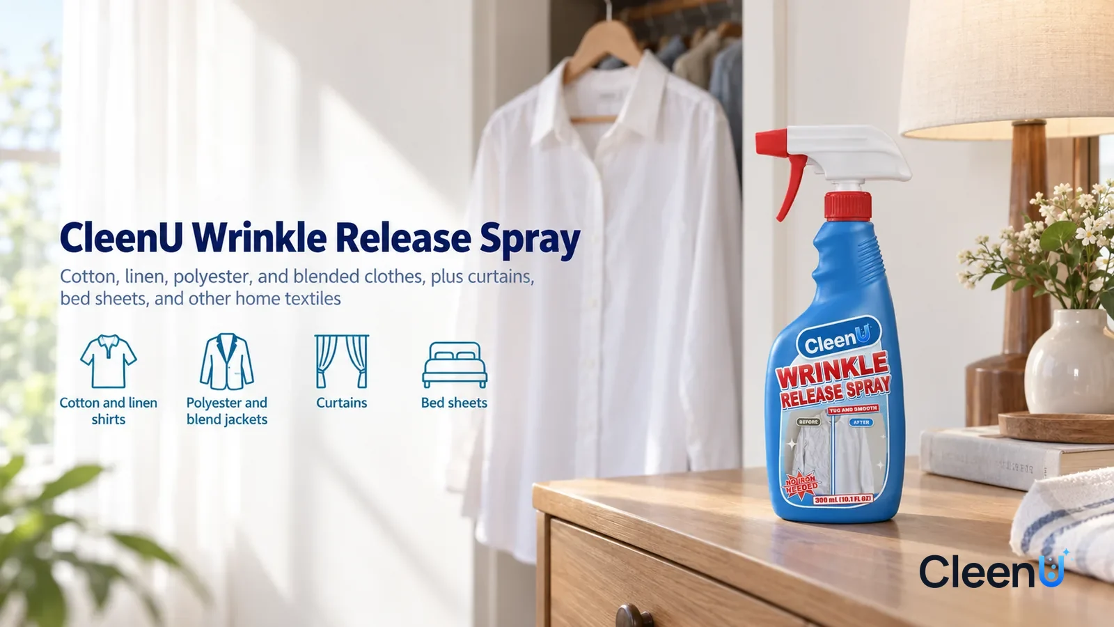 Illustration: CleenU Wrinkle Release Spray — A bright, tidy bedroom, a smooth white cotton shirt on a wooden hanger by the closet door, soft morning light