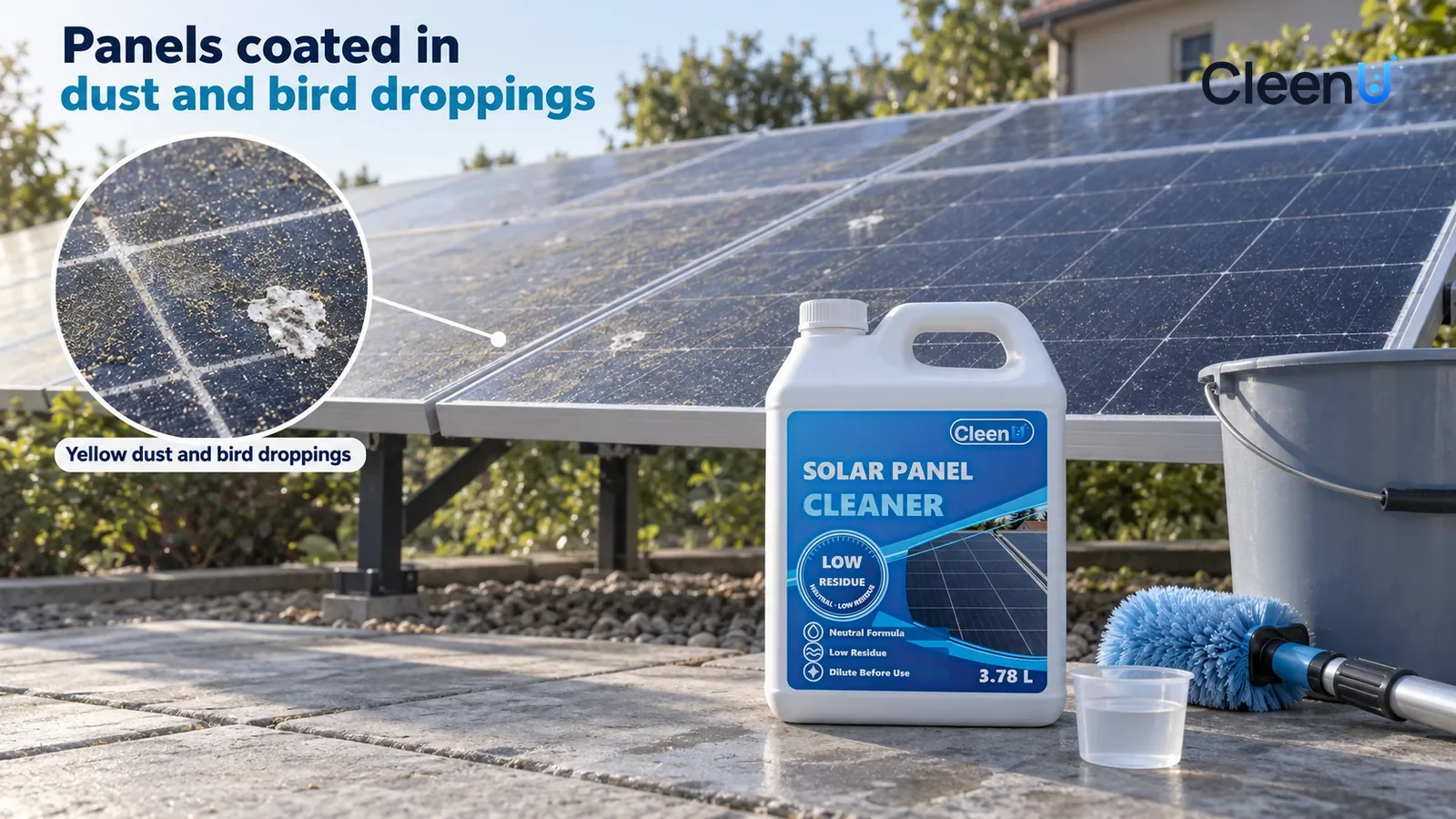Illustration: CleenU Solar Panel Cleaner — use one backyard with waist-high ground-mounted panels, dark-blue cells and silver grid lines