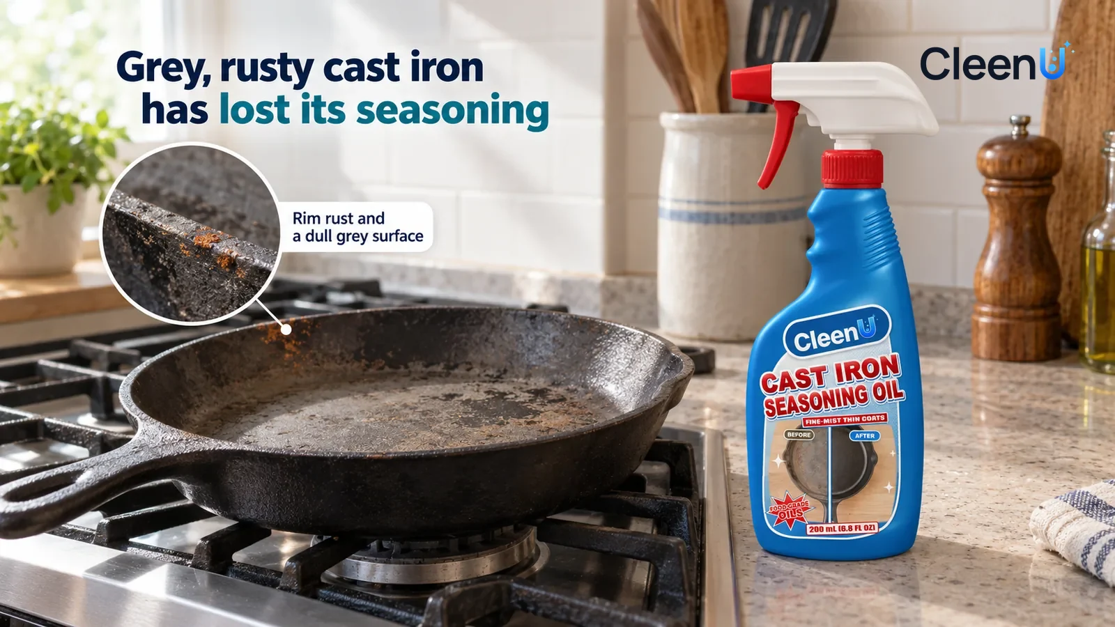 Illustration: CleenU Cast Iron Seasoning Oil — An everyday home kitchen, a well-used cast iron skillet (no brand marks) on a stove with the burner off; in side window light the pan surfac