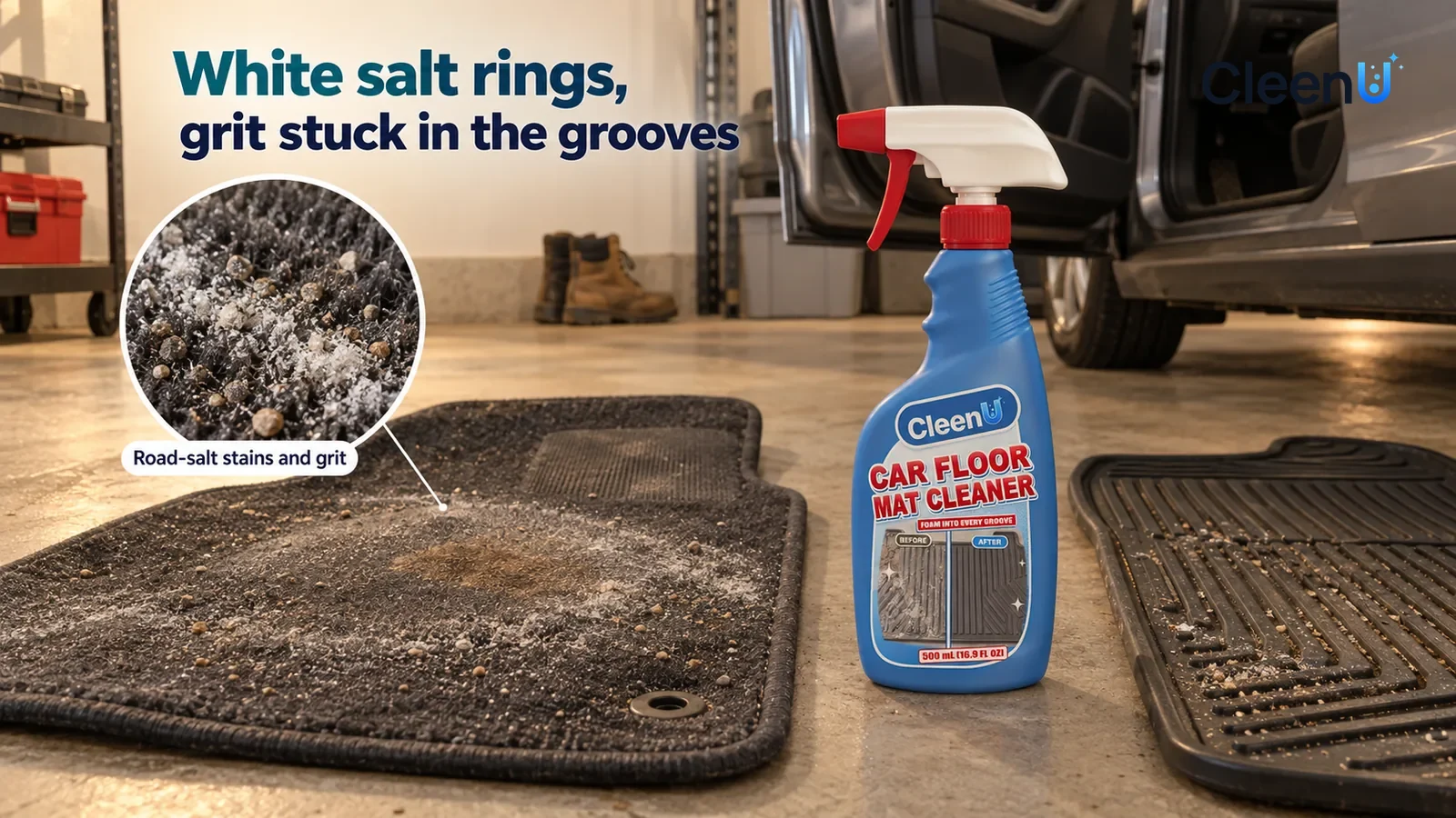 Illustration: CleenU Car Floor Mat Cleaner — Two floor mats just taken out of the car lie flat on the concrete floor of a home garage