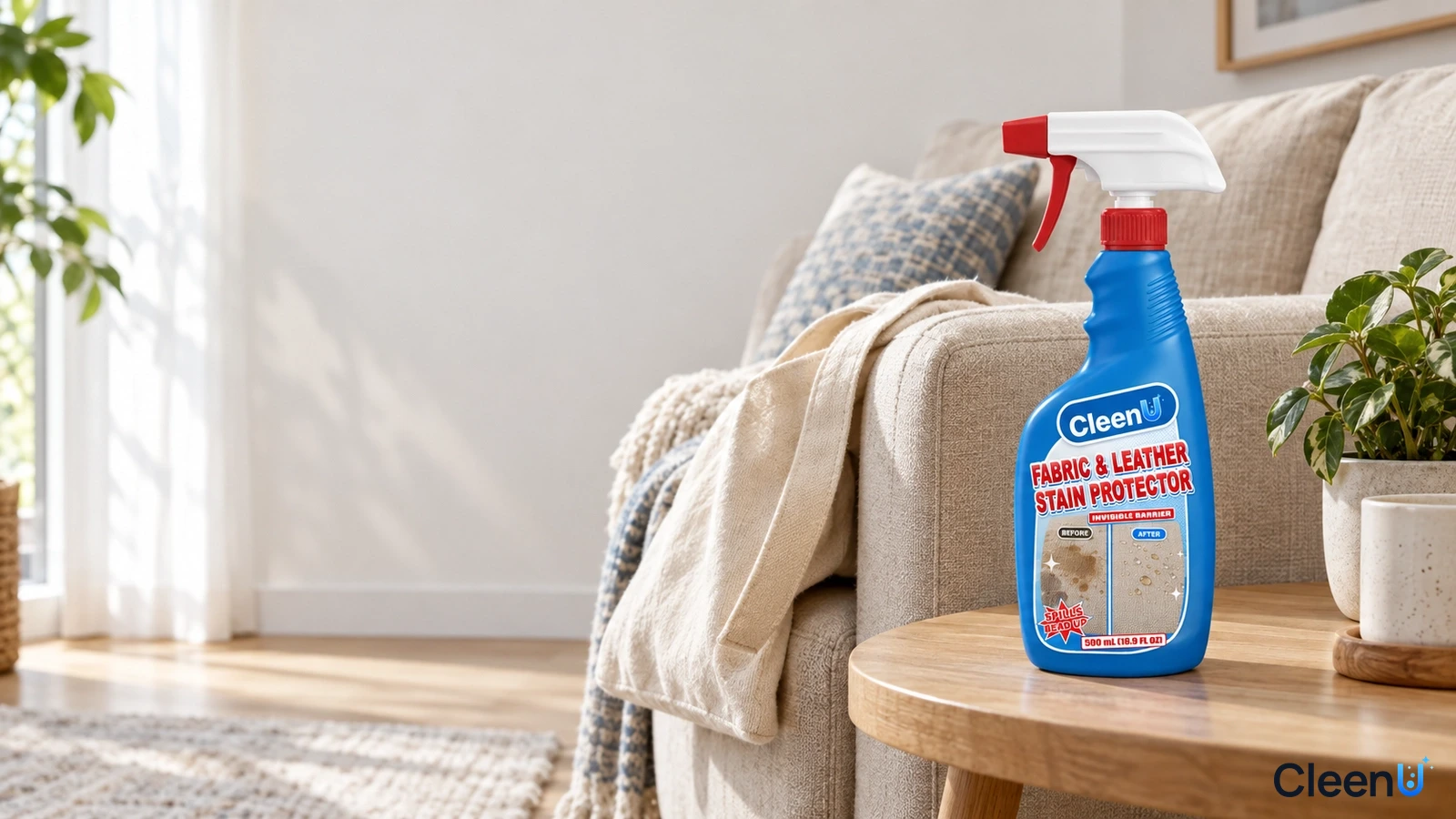 Illustration: A blue fabric protector bottle beside a light sofa in a bright living room.