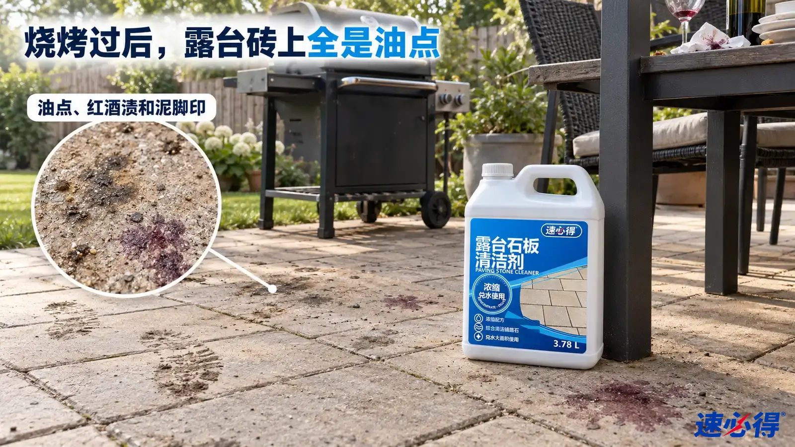示意图：烧烤炉与户外餐桌旁地砖上的油点和红色污印，旁有白色清洁剂桶。