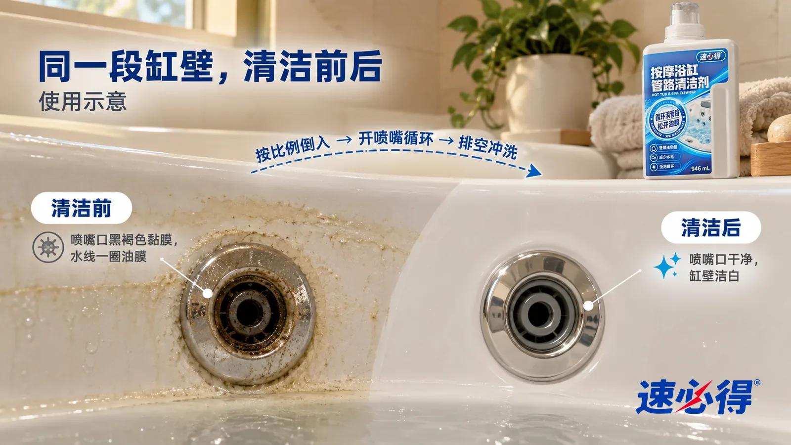 示意图：速必得浴缸 SPA 清洁剂——整屏一段白色按摩浴缸缸壁和两只不锈钢喷嘴的低角度大近景，同一侧光，不出现人：没处理的一侧喷嘴口一圈黑褐色黏膜