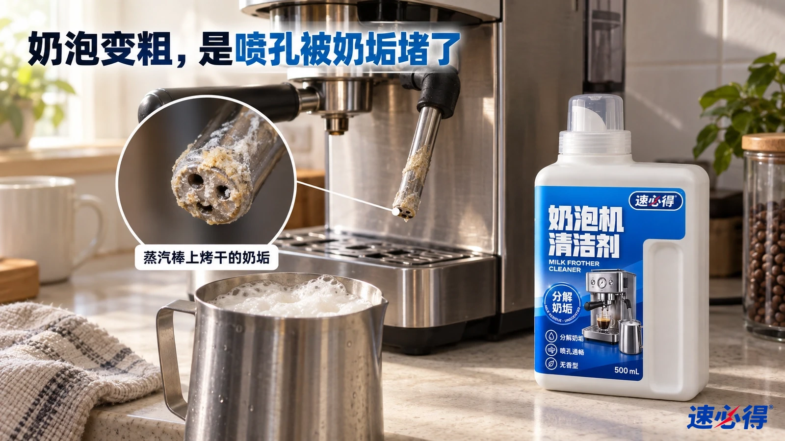 示意图：咖啡机蒸汽棒喷头上的奶垢、不锈钢奶缸和白色清洁剂瓶。