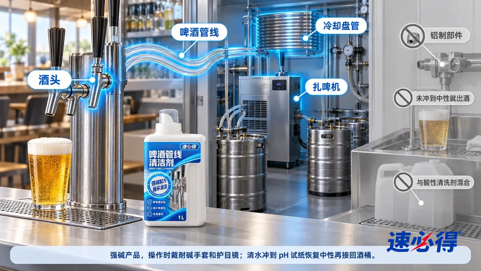 示意图:速必得啤酒管线清洁剂——一张写实 3D 剖面实景图,一间明亮的小餐厅酒吧的吧台区和设备间,连续空间、一个视角,素面不锈钢酒头、透明啤酒管线、冷却盘管