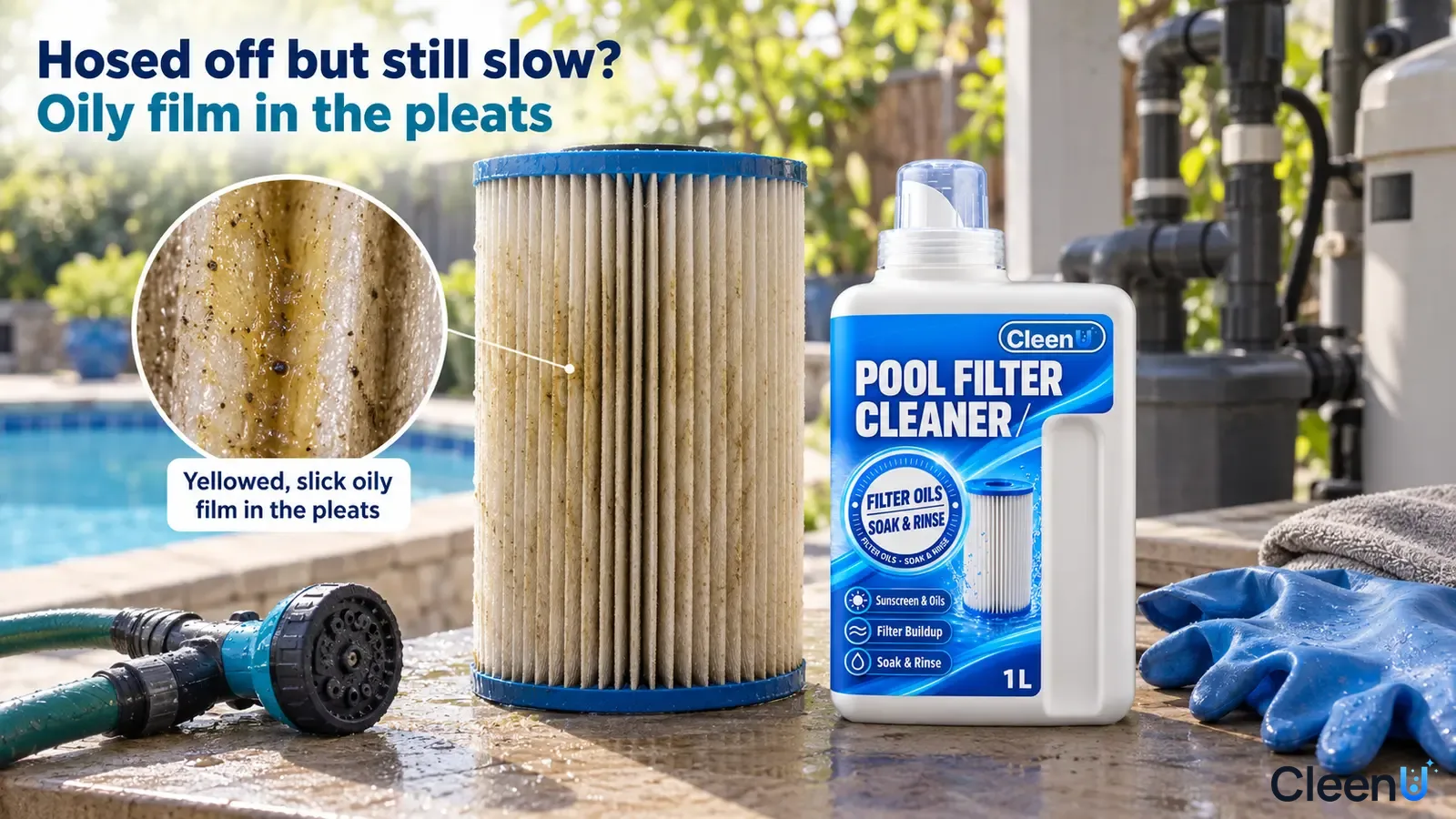 Illustration: Yellow oily film and marks in pool-filter cartridge pleats beside a white cleaner bottle and hose nozzle.