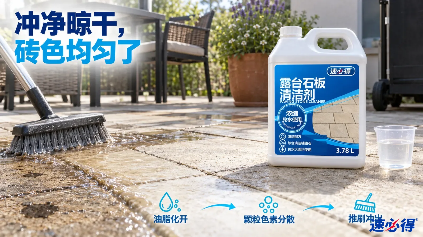 示意图：长柄刷刷洗带水和污渍的地砖，旁有白色清洁剂桶。
