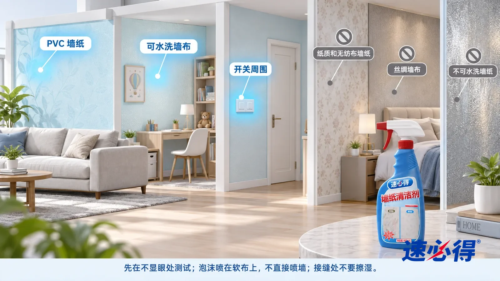 示意图：速必得墙纸清洁剂——一张写实 3D 剖面实景图，一套明亮的家的客厅、儿童房、书房和卧室区域，连续空间、一个视角，PVC 墙纸墙、可水洗墙布墙