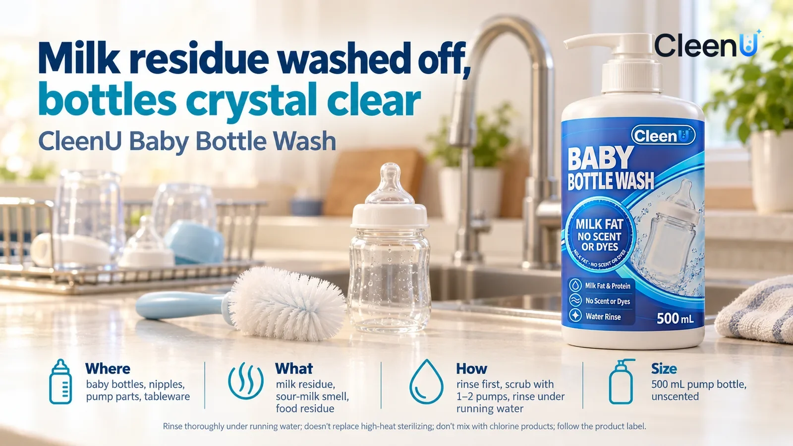 Illustration: CleenU Baby Bottle Wash stands in the right third of the frame on the counter beside the kitchen sink, a bottle brush and a clear Headline: "Milk residue washed off, bottles crystal clea