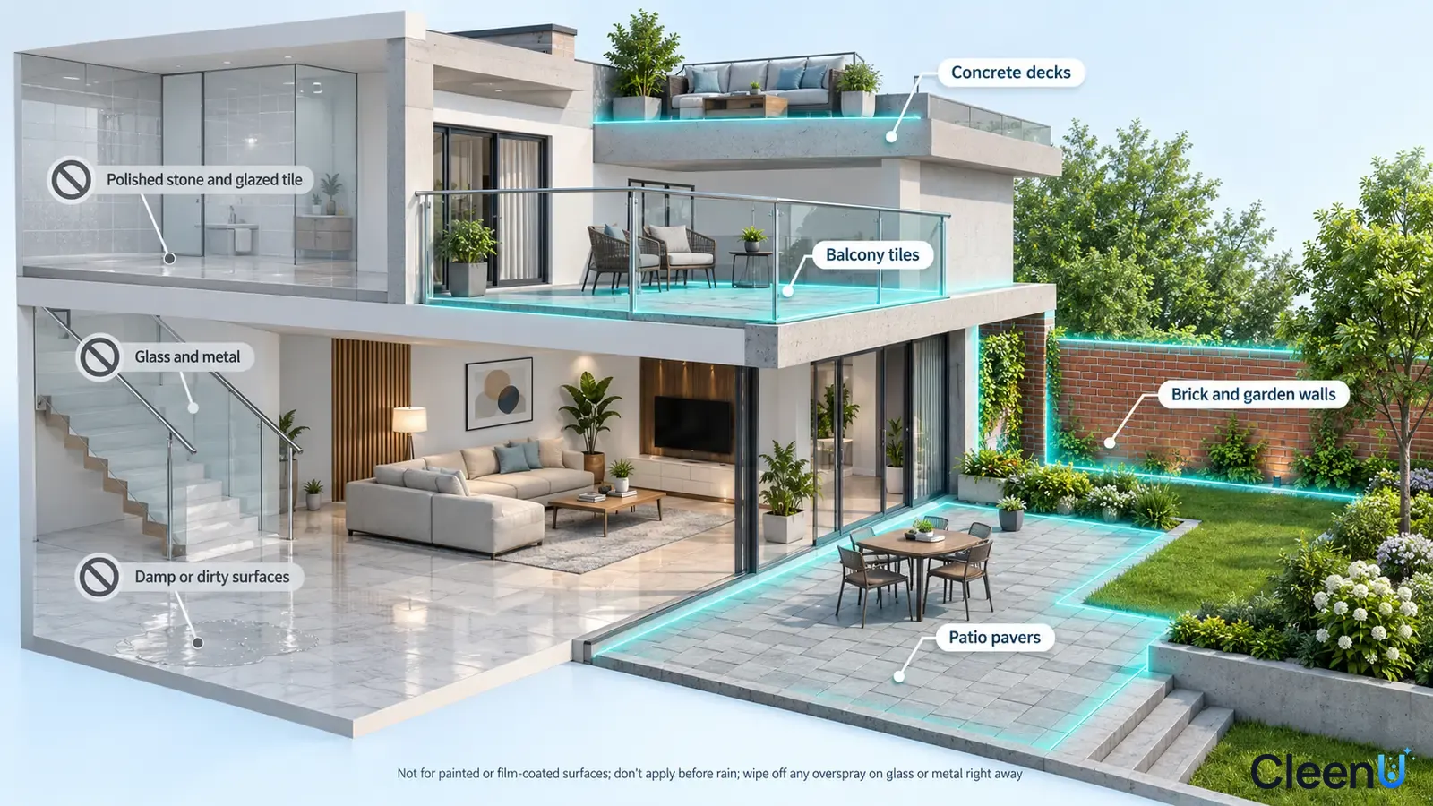 Illustration: Highlighted house patios, balconies and masonry beside material precautions.