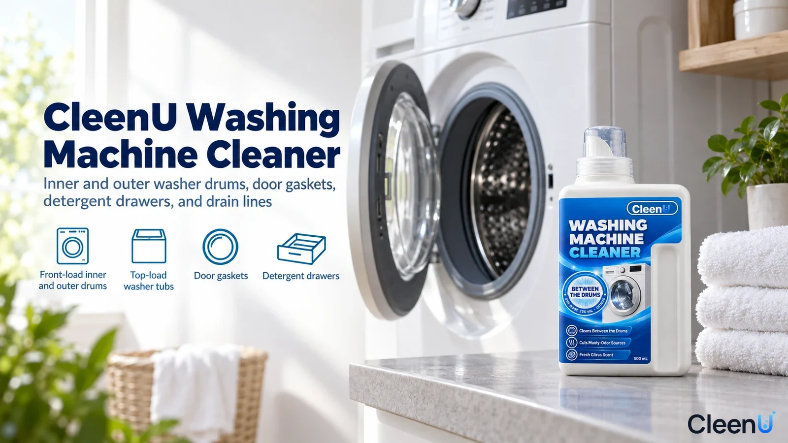 Illustration: A white cleaner bottle beside an open washing machine with use icons.