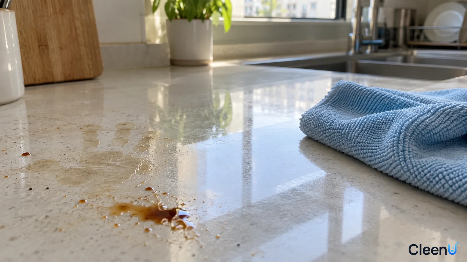 Countertop detail illustration with crumbs, grease marks, a clearer adjacent area and a folded blue cloth.