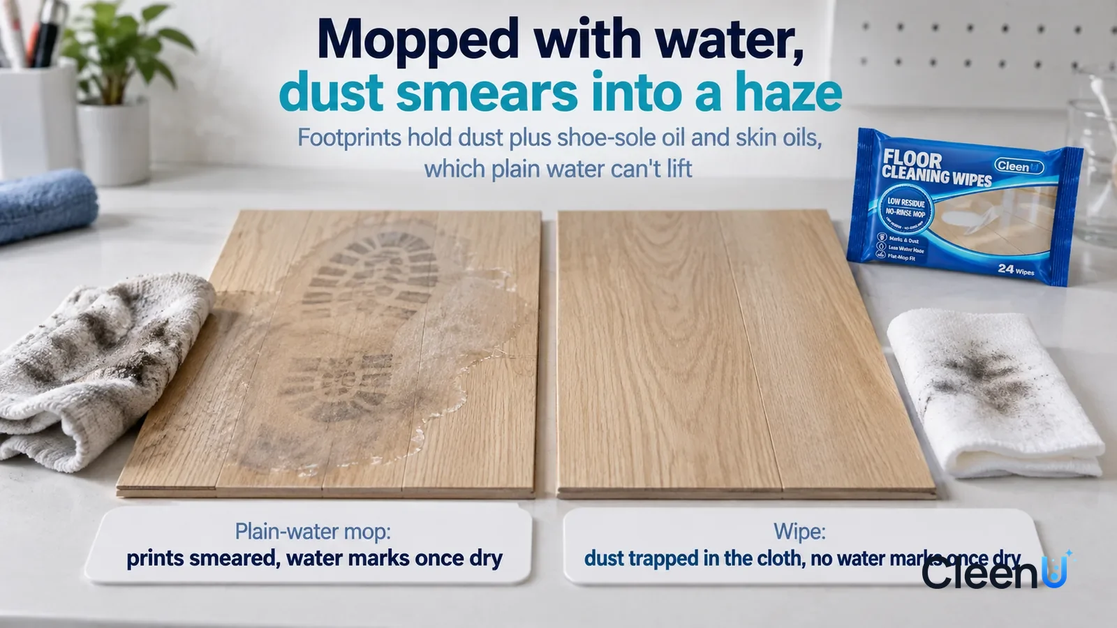 Illustration: CleenU Floor Cleaning Wipes — A landscape medium close-up of a small experiment in a cleaning lab: two identical light laminate floor samples side by side on a white test Headline: "Mopp
