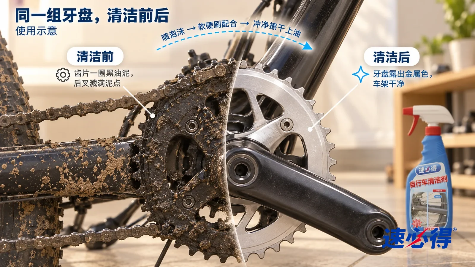示意图:速必得自行车清洁剂——整屏一辆自行车牙盘和后叉的低角度大近景,同一窗光,不出现人,车上没有品牌标志:没处理的一半牙盘齿片一圈黑油泥