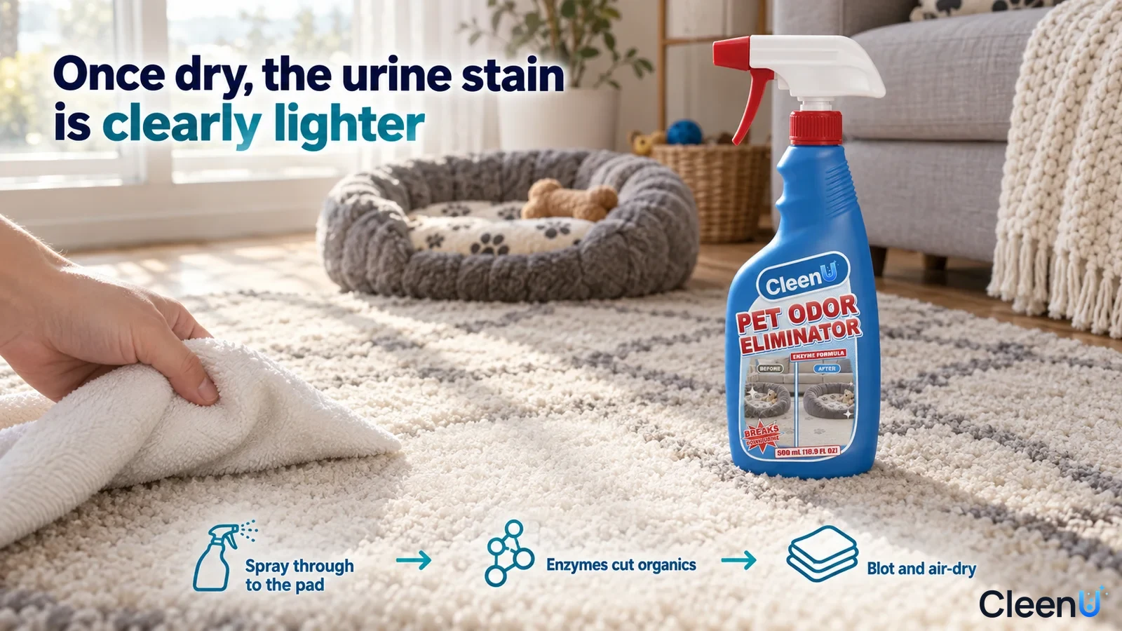Illustration: A hand blotting a rug stain with a white cloth beside a pet bed and blue spray bottle.