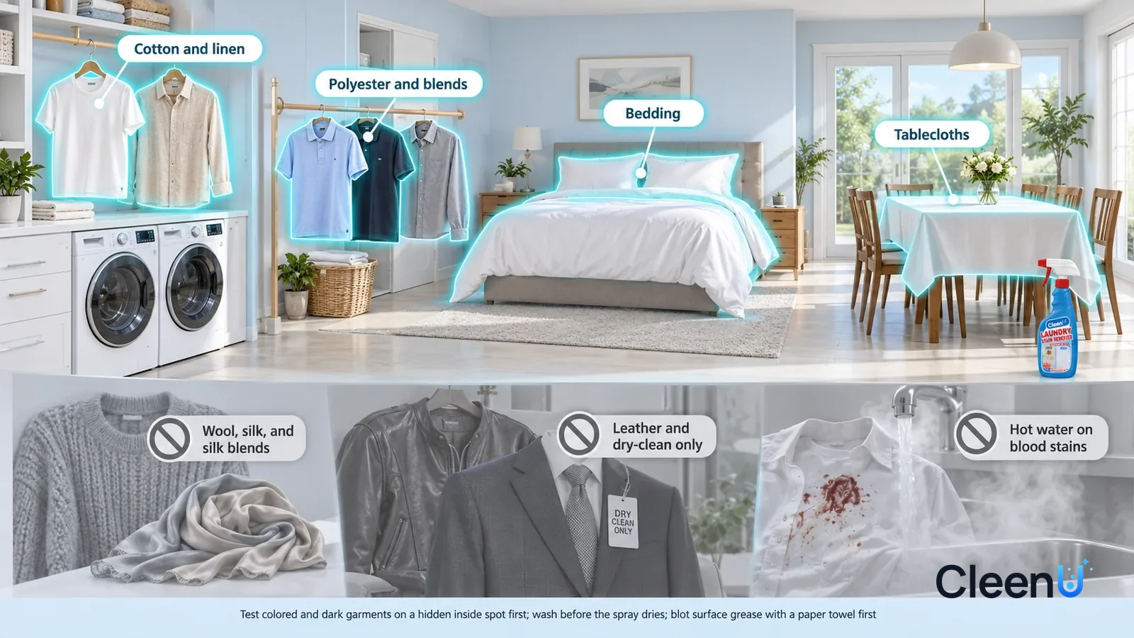 Illustration: CleenU Laundry Stain Remover — A realistic 3D cutaway of a bright home's laundry room, bedroom, and dining room, one continuous space from one viewpoint