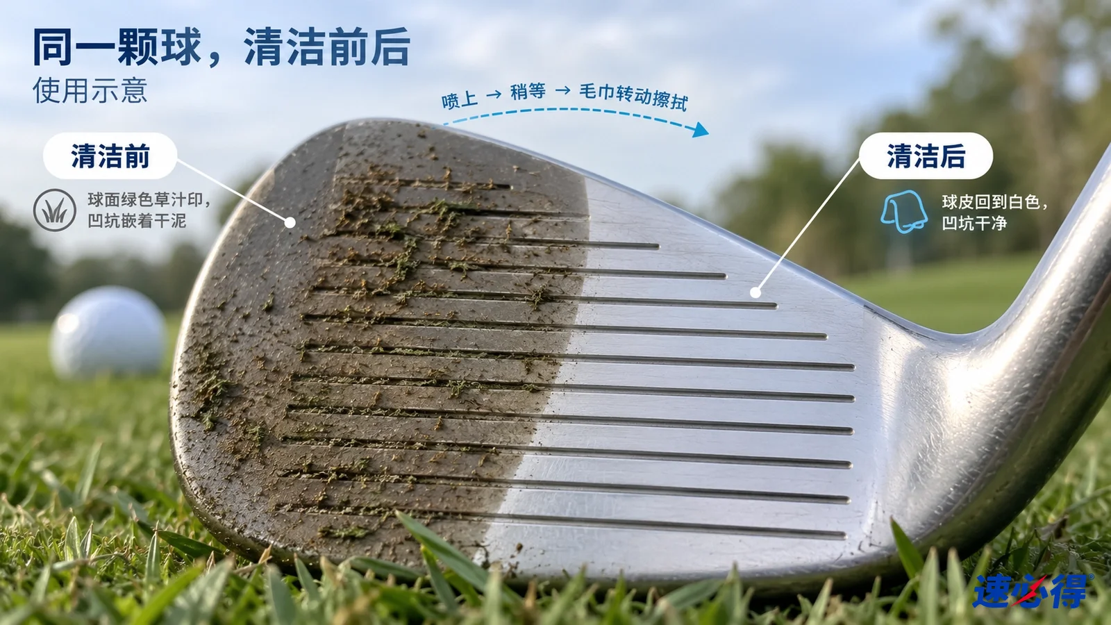 示意图:高尔夫球杆杆头沟槽的泥渍区域与较洁净区域对照,非实测照片。