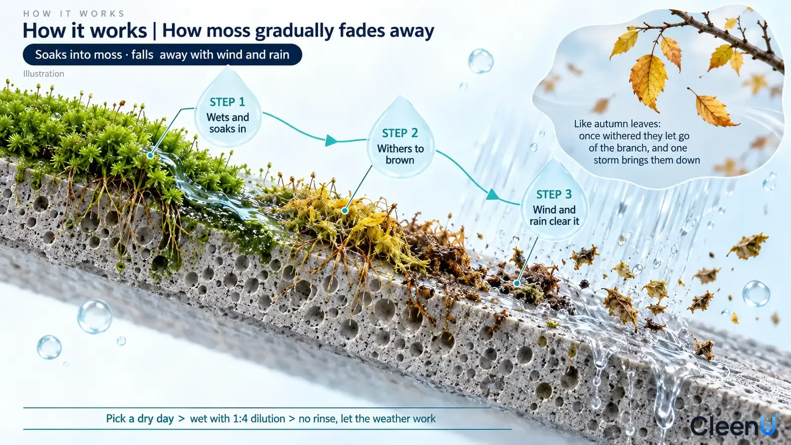 Illustration: Moss on a porous roof cross-section with yellowing debris, raindrops and airflow arrows.