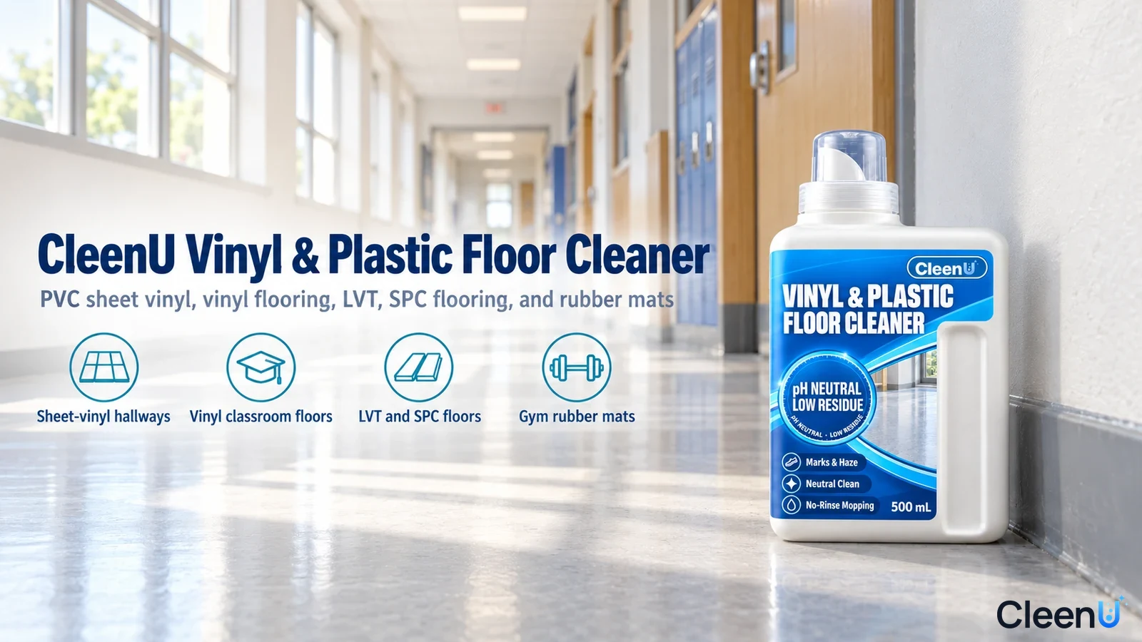 Illustration: A white cleaner bottle in a bright hallway with use icons.