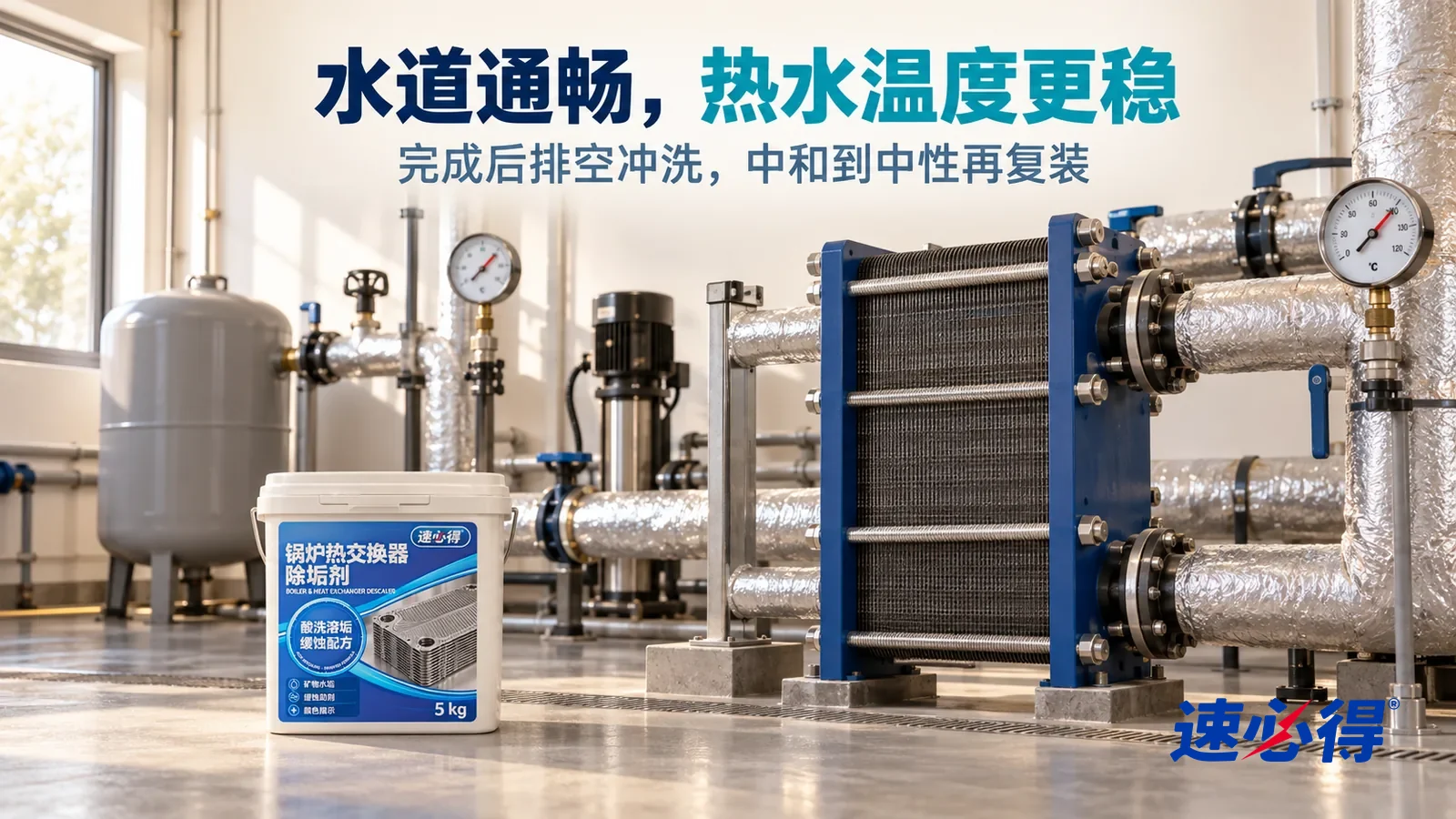 示意图：速必得锅炉热交换器除垢剂——一间明亮整洁的设备机房，一台复装好的落地板式换热器和包着保温层的管道整齐排列，压力表和温度表指针平稳，柔和的顶灯和窗光照在干净的地面上，标题“水道通畅，热水温度更稳”