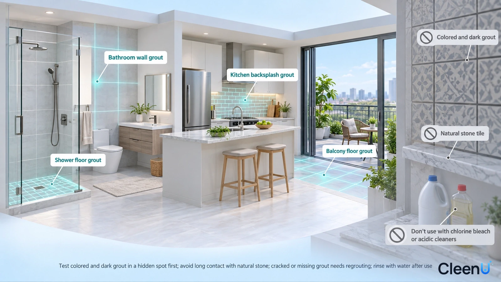 Illustration: Highlighted kitchen and bathroom tile grout beside material precautions.