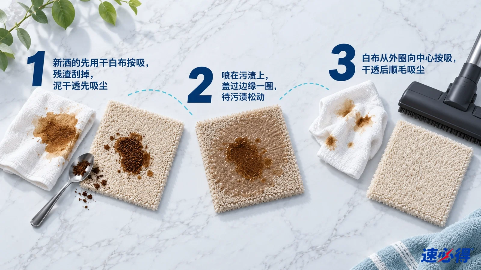 示意图：带咖啡渍的地毯样片、白色布、刮片和吸尘器吸头，配有编号步骤。
