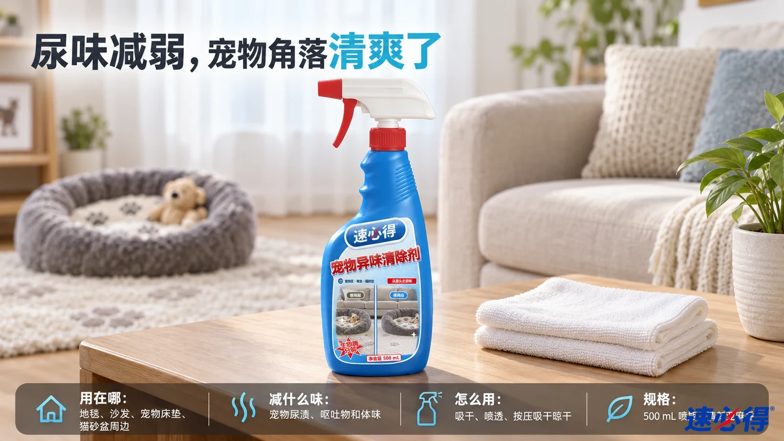 示意图：蓝色喷瓶与折叠毛巾摆在宠物窝和沙发旁。