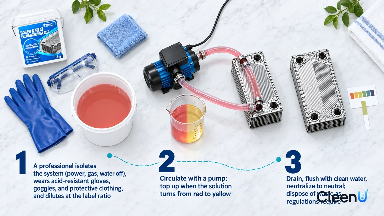 Illustration: CleenU Boiler & Heat Exchanger Descaler — an overhead shot straight down onto a light marble tabletop, no hands: (1) a pair of long acid-resistant gloves, a pair of goggles