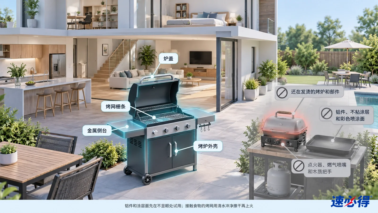 示意图：烧烤炉烤网和炉盖区域被突出显示，旁边列有材质、温度和使用注意事项图标。