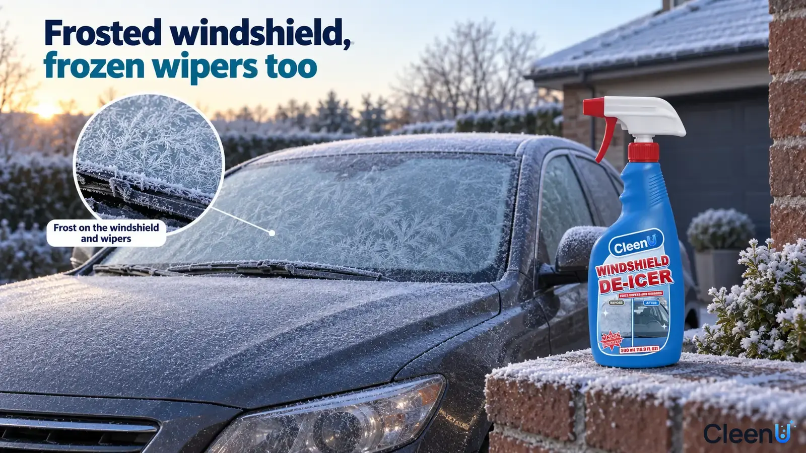 Illustration: Frost on a car windshield and wipers in a winter driveway beside a blue de-icer bottle.