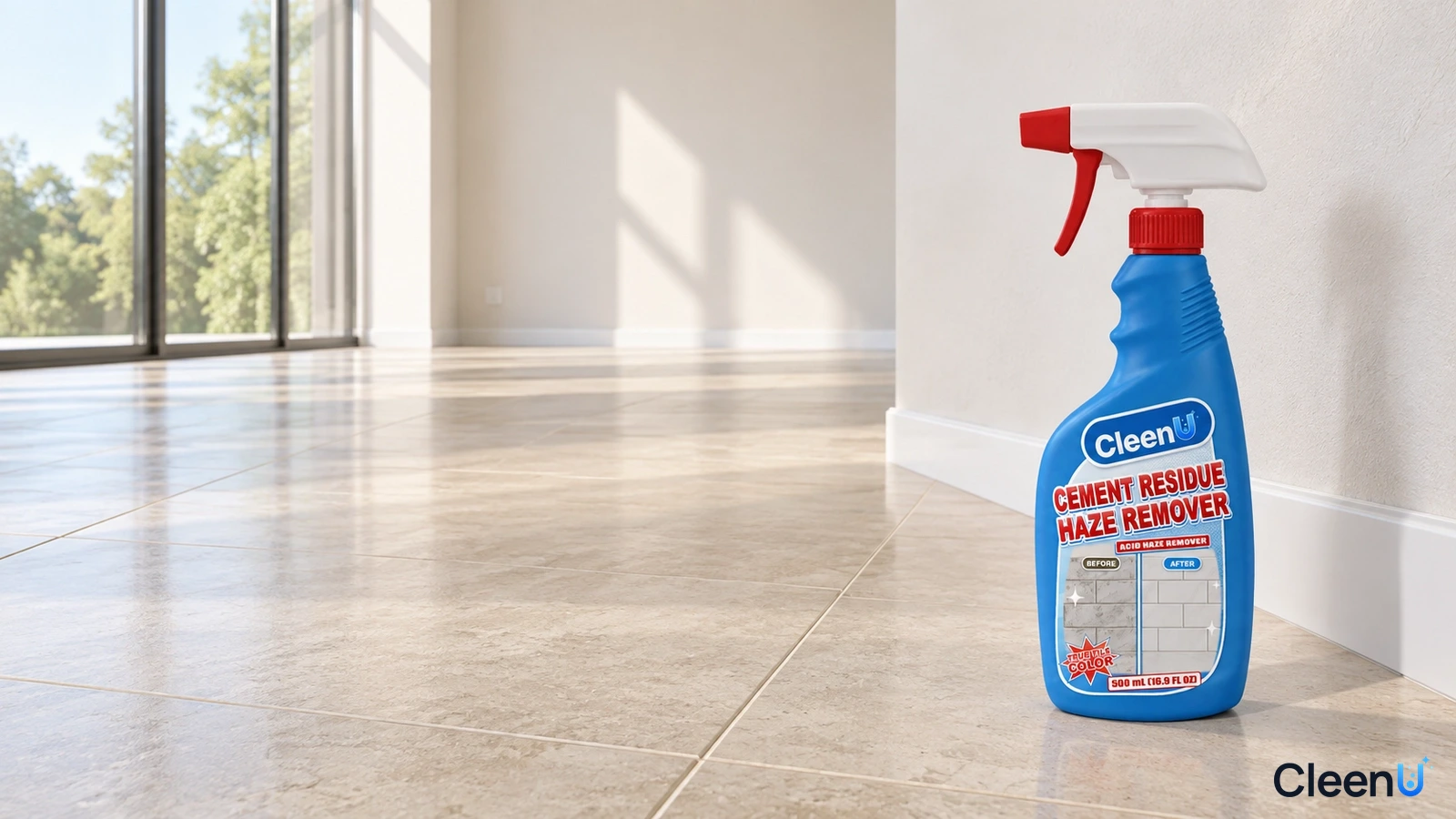 Illustration: A blue cleaner bottle on a bright tiled floor beside tall windows.