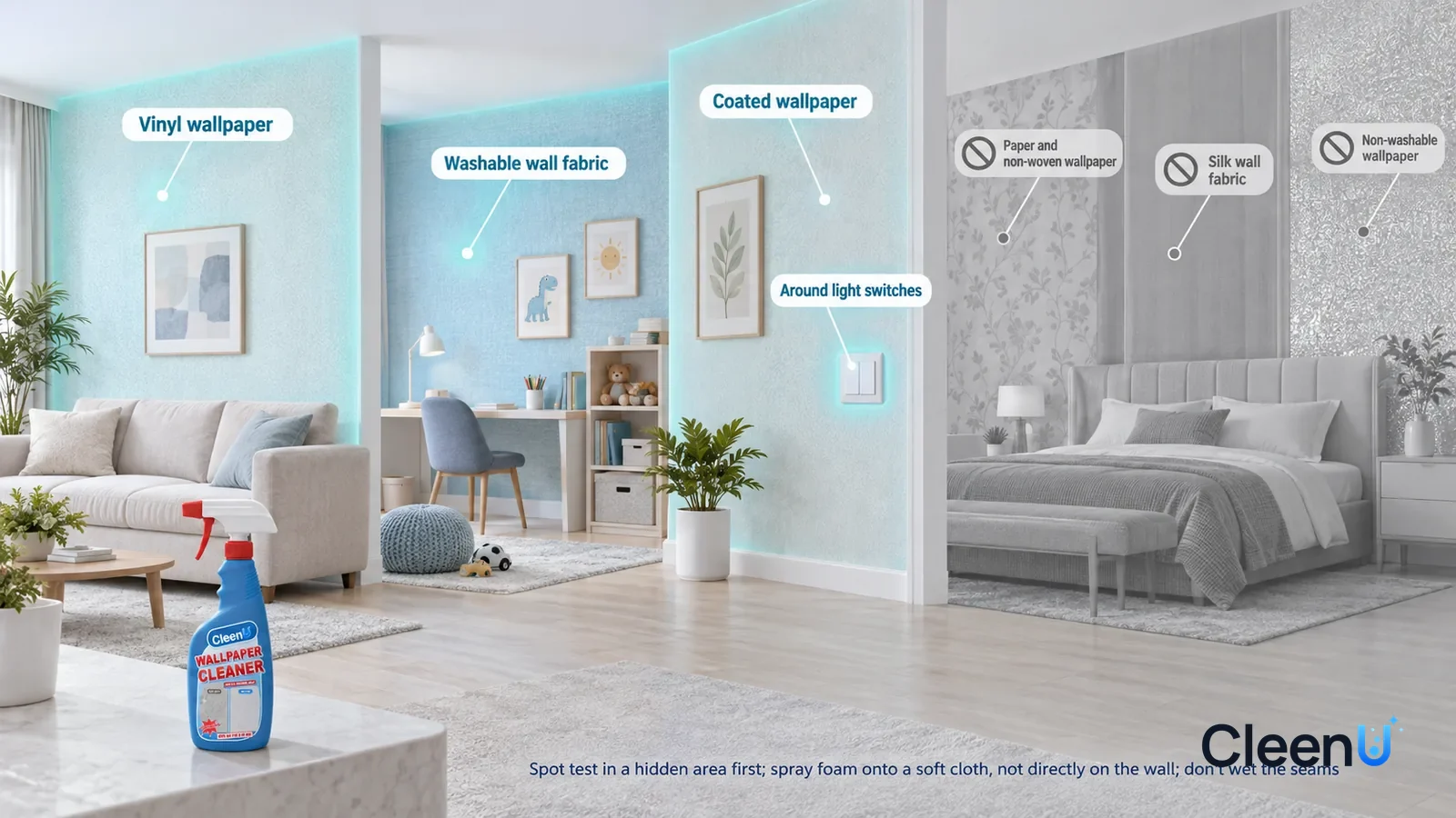 Illustration: CleenU Wallpaper Cleaner — A realistic 3D cutaway of a bright home's living room, kids' room, study, and bedroom