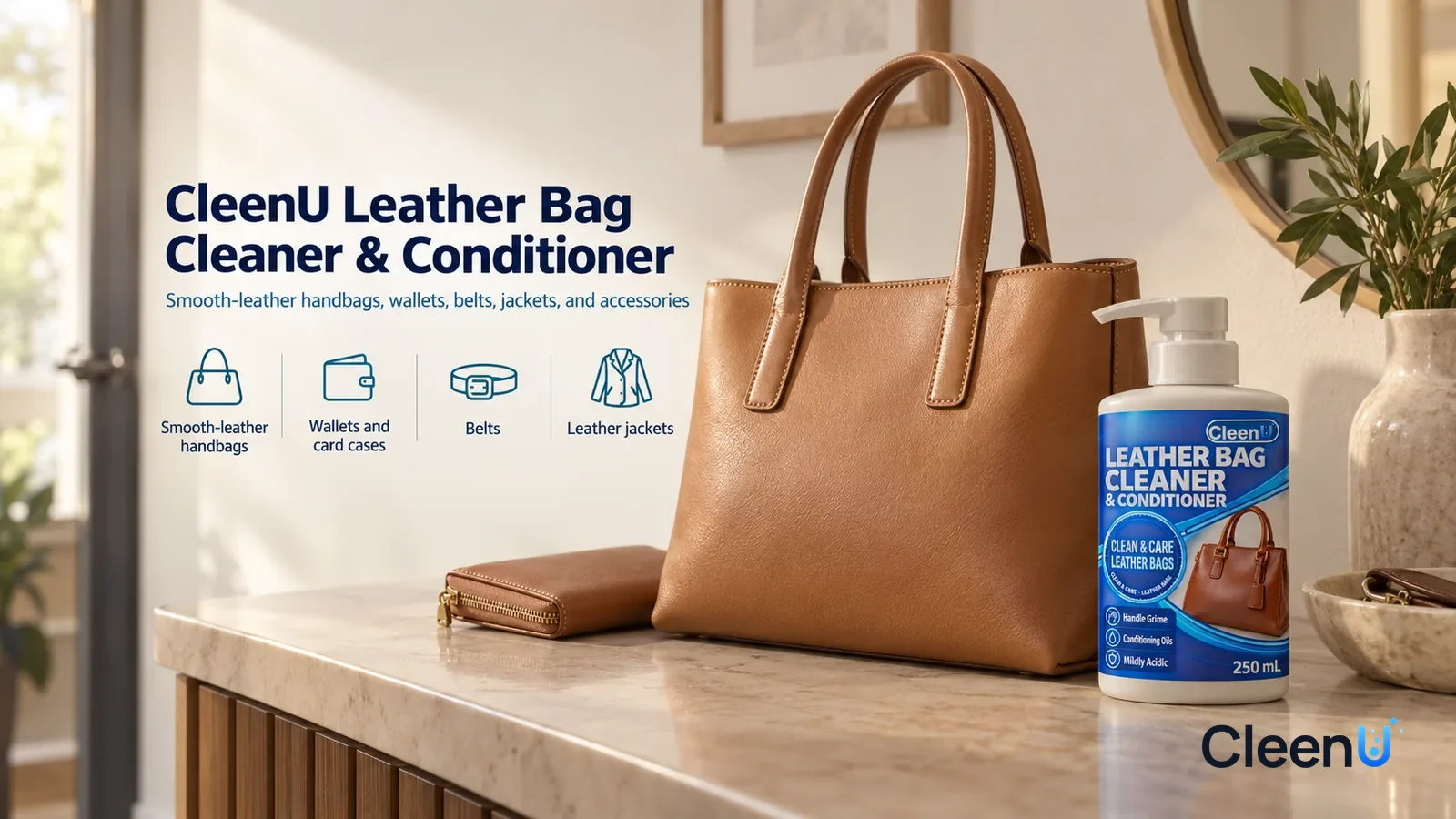 Illustration: CleenU Leather Bag Cleaner & Conditioner — A bright, clean entryway, a light tan smooth-leather tote (no brand marks) standing on the console, its leather supple and even in color