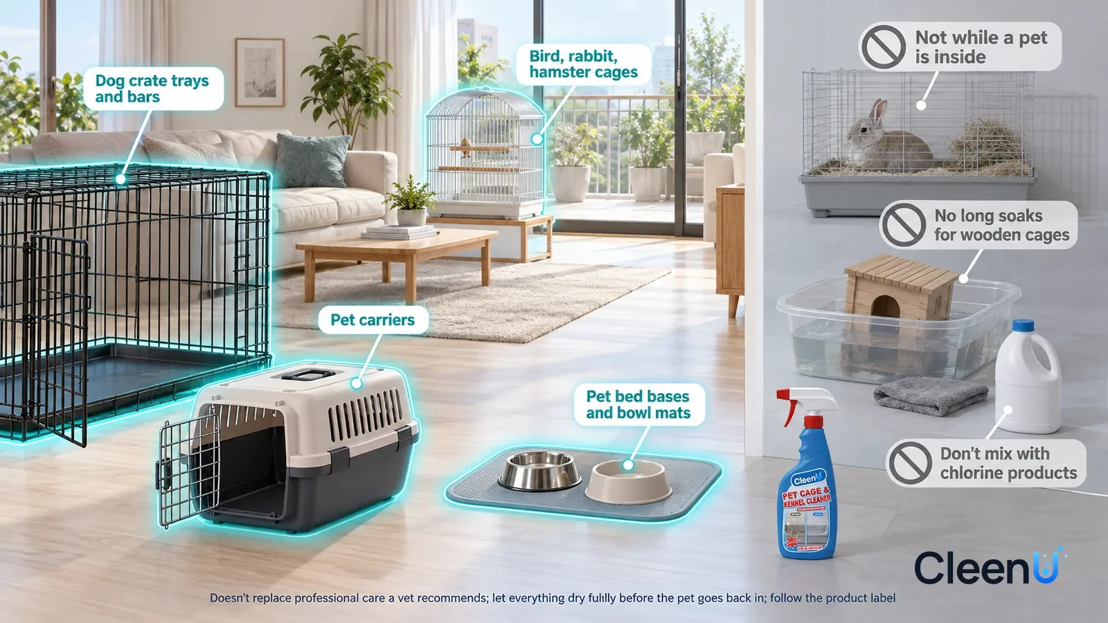 Illustration: CleenU Pet Cage & Kennel Cleaner — A realistic 3D cutaway of a bright home's living room, study, and balcony, one continuous space from one viewpoint