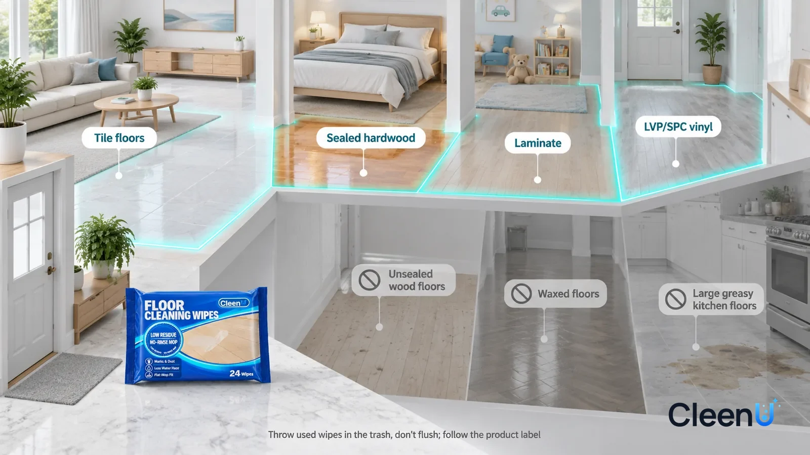 Illustration: CleenU Floor Cleaning Wipes — A realistic 3D cutaway of a bright home's entryway, living room, bedroom, and kids' room, one continuous space from one viewpoint: tile